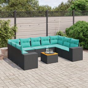 10 Piece Patio Sofa Set with Cushions Black Poly Rattan