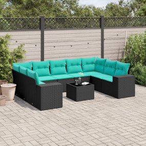 10 Piece Patio Sofa Set with Cushions Black Poly Rattan