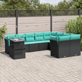 10 Piece Patio Sofa Set with Cushions Black Poly Rattan