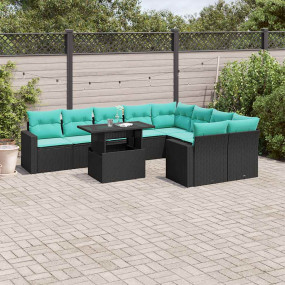 10 Piece Patio Sofa Set with Cushions Black Poly Rattan