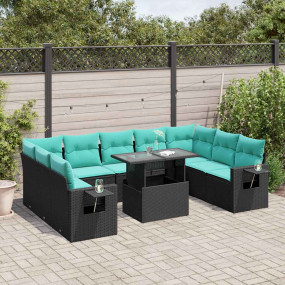 10 Piece Patio Sofa Set with Cushions Black Poly Rattan