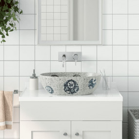 Countertop Basin Grey and Blue Oval 18.5x13.0x5.1" Cera...