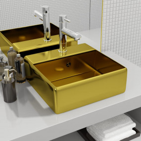 Wash Basin with Overflow 16.1x16.1x5.9" Ceramic Gold