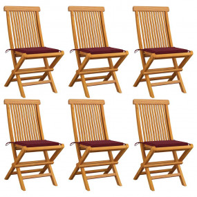 Patio Chairs with Wine Red Cushions 6 pcs Solid Teak Wo...