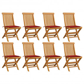 Patio Chairs with Red Cushions 8 pcs Solid Teak Wood
