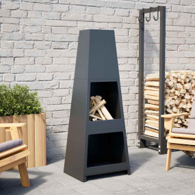 Patio Fireplace with Log Store Tower Design Black Steel