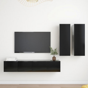 TV Cabinet Set Set of 4 Black Engineered Wood TV Cabine...