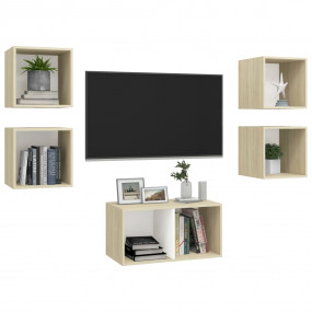 TV Cabinet Set White and Sonoma Oak Engineered Wood Med...