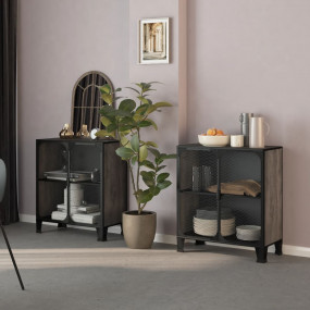 Storage Cabinet Set of 2 Grey Metal, MDF Medium Storage...
