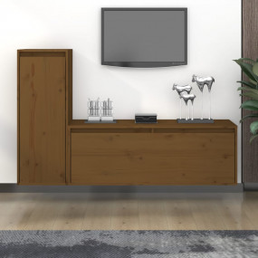TV Cabinet Set of 2 Honey Brown Solid Pine Wood Small t...