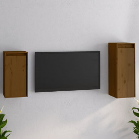 TV Cabinet Set of 2 Honey Brown Solid Pine Wood Medium
