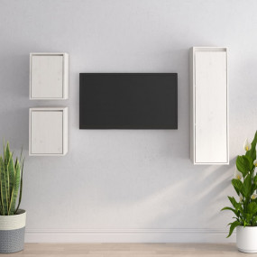 TV Cabinet Set of 3 White Solid Pine Wood Medium Wall M...