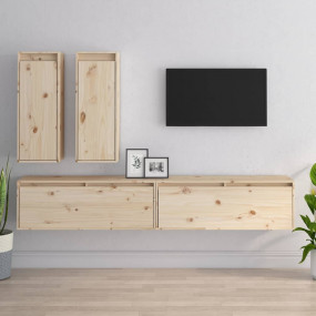 TV Cabinet Set of 4 Natural Pine Solid Pine Wood Medium