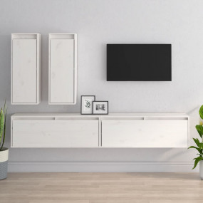 TV Cabinet Set of 4 White Solid Pine Wood Standard