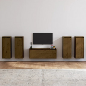 TV Cabinet Set of 5 Honey Brown Solid Pine Wood 5 pcs s...