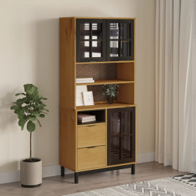 Highboard Brown, Black Solid pine wood, Tempered glass,...
