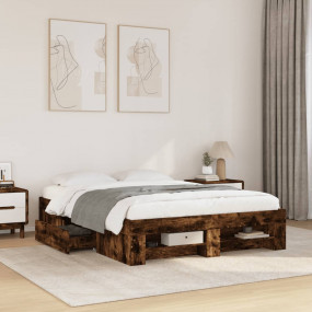 Bed Frame Smoked Oak Engineered Wood with Plywood Slats...