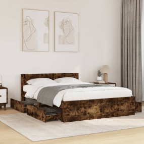 Bed Frame Smoked Oak Engineered Wood, Plywood Double Si...