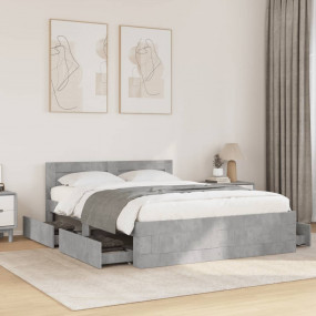 Bed Frame Concrete Grey Engineered Wood Double Bed Fram...