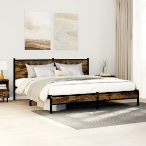 Bed Frame Smoked Oak Steel, Engineered Wood Double Bed ...
