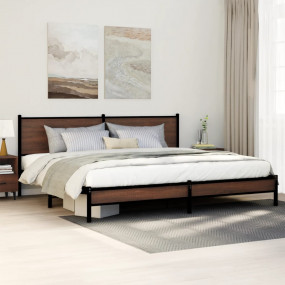 Bed Frame Brown Oak Steel, Engineered Wood Full Bed Fra...