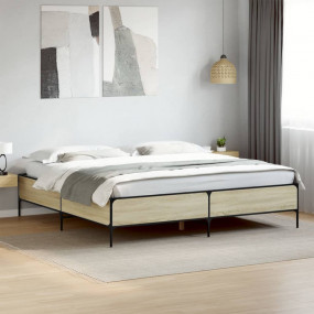 Bed Frame Sonoma Oak Engineered Wood and Metal Super Ki...