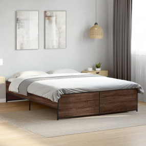 Bed Frame Brown Oak Engineered Wood, Metal Double Durab...