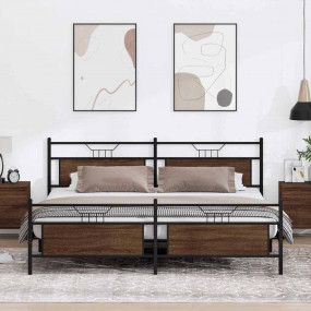 Bed Frame Brown Oak Steel, Engineered wood Full Bed Fra...