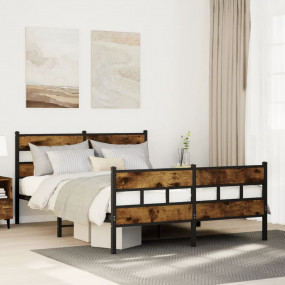 Bed Frame Smoked oak Steel, engineered wood King Bed Fr...