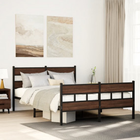 Bed Frame Brown Oak Steel, Engineered Wood King Bed Fra...
