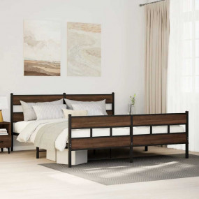 Bed Frame Brown Oak Steel, Engineered Wood Double Bed F...