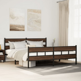 Bed Frame Brown oak Steel, Engineered wood Double Bed F...