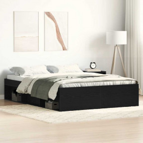 Bed Frame Black Oak Engineered Wood, Solid Pine Wood, P...