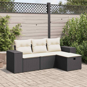 Garden Sofa Set Black and Cream White PE Rattan, Powder...