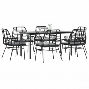 Garden Dining Set Black Poly Rattan Six-seater Removabl...